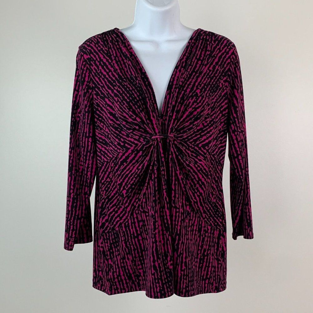 Chaus Sz M Top 3/4 Sleeve Pink Black Stretch V-Neck Gathered Bust